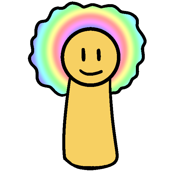  A yellow person smiling with a wavy rainbow cloud around their head.